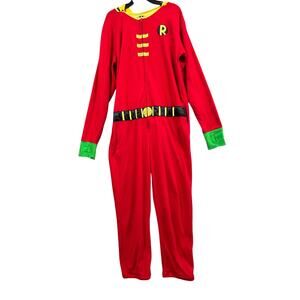 DC Comics Robin Fleece One Piece Pajama Suit Mens XL Red Cape Batman Zip Front